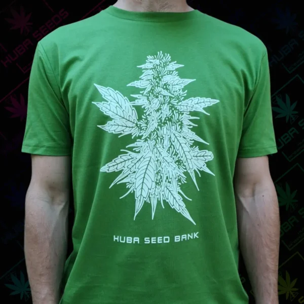 Zöld organikus póló – fehér Cannabis virággal